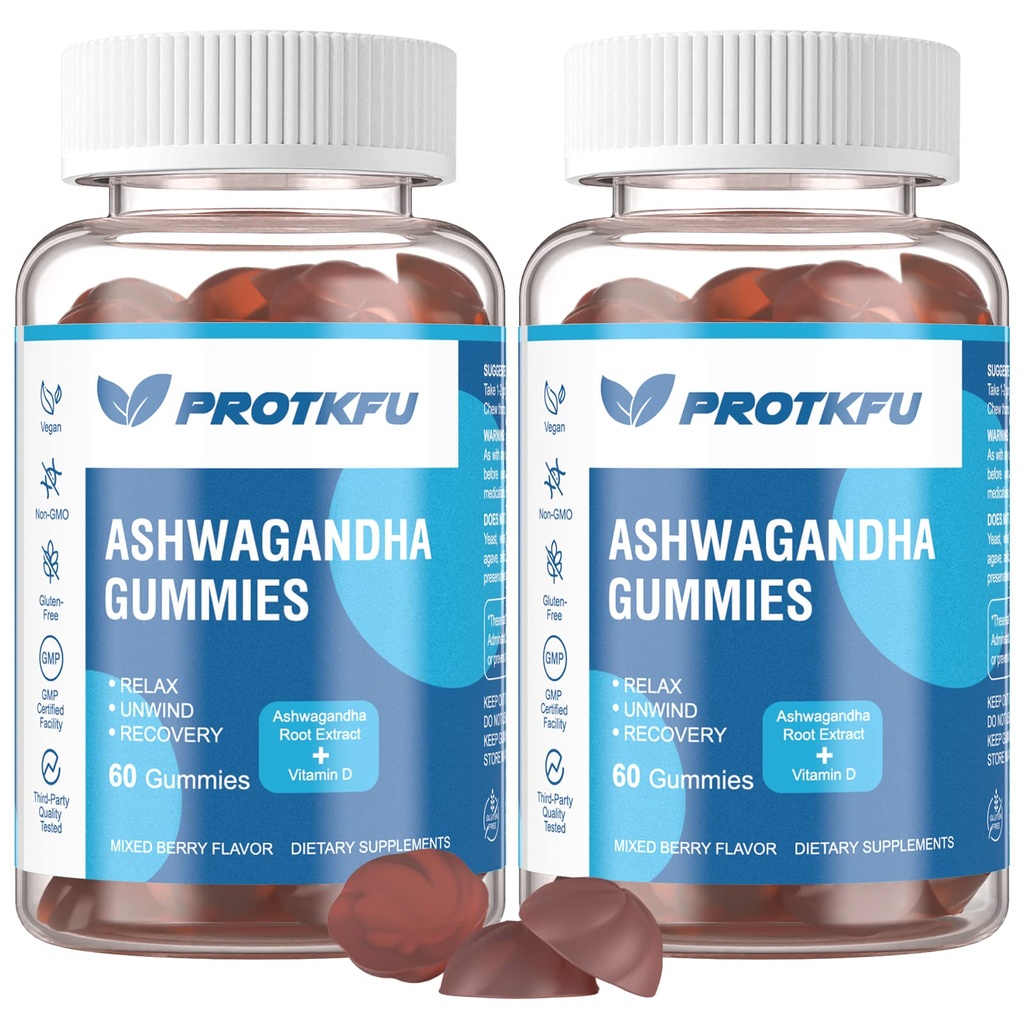 ProTKFU 2 Pack Ashwagandha Gummies & Vitamin D3 Gummies Organic Aswangdha Supplement for Improve Sleep, Stress Relief & Mood Calm (Non-GMO, Gluten-Free & Sugar Free)