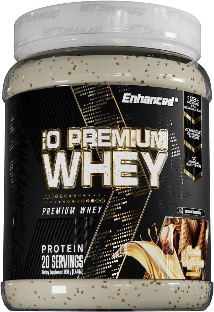 Förbättrad IO Premium Whey Protein Powder, hög proteininnehåll, bättre än Whey Hydrolysat (20 portioner, Vanilla Waffle Cone)