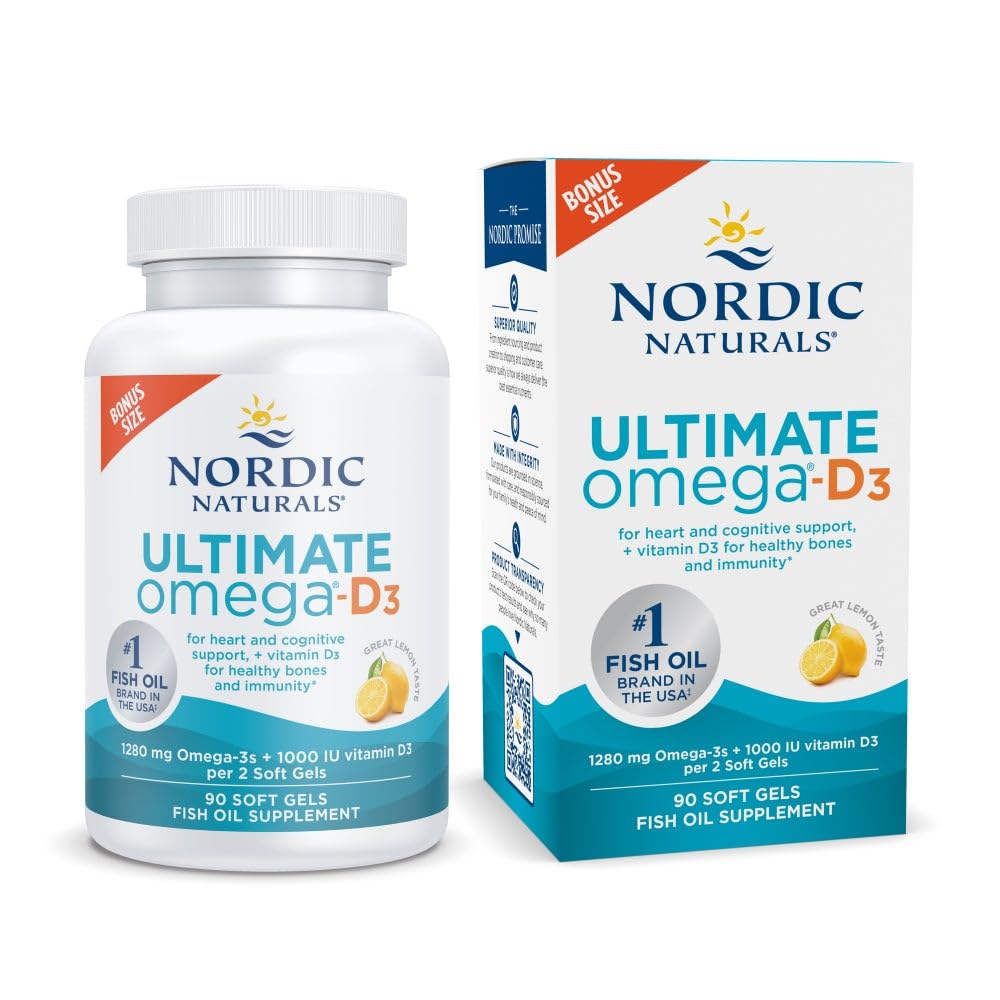 Nordic Naturals Ultimate Omega-D3, Lemon Flavor - 90 Soft Gels - 1280 mg Omega-3 + 1000 IE Vitamin D3 - EPA & DHA - Främjar hjärna, hjärta och immunhälsa - 45 portioner