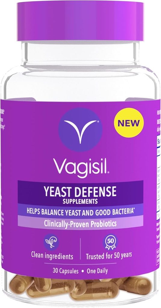 Vagisil Yeast Defense Supplements, Hjälper Balance Yeast och Good Bacteria, Clinically-Proven Probiotics, Clean Ingredients, främjar en hälsosam vaginal mikrobiom, bara 1 kapsel Daily, 30 kapslar
