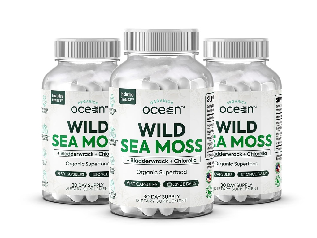 Organics Ocean Wild Sea Moss Capsules - 100% Organic Irish Sea Moss med Organic Chlorella, Bladderwrack och vitamin D för energi, Lung Health och Thyroid Support för kvinnor och män - 3 flaskor