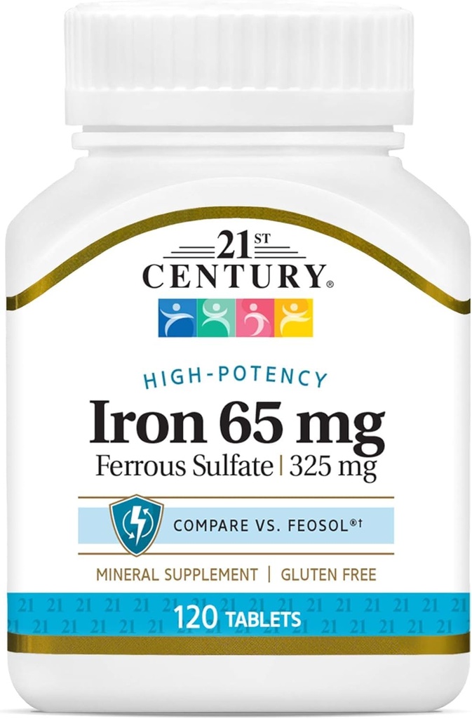 21st Century Iron 65 mg Ferrous Sulfate 325 mg tabletter, 120 greve