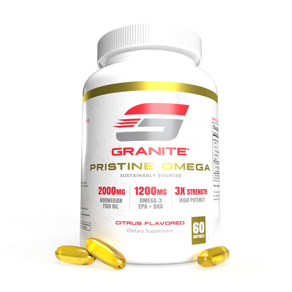 Granit Pristine Omega-3 Supplement, 2000mg norska fiskoljetillskott med EPA & DHA, stöder gemensamt, hjärta, hjärna och humör, hållbart källad, renhetstestad (60 Softgels)
