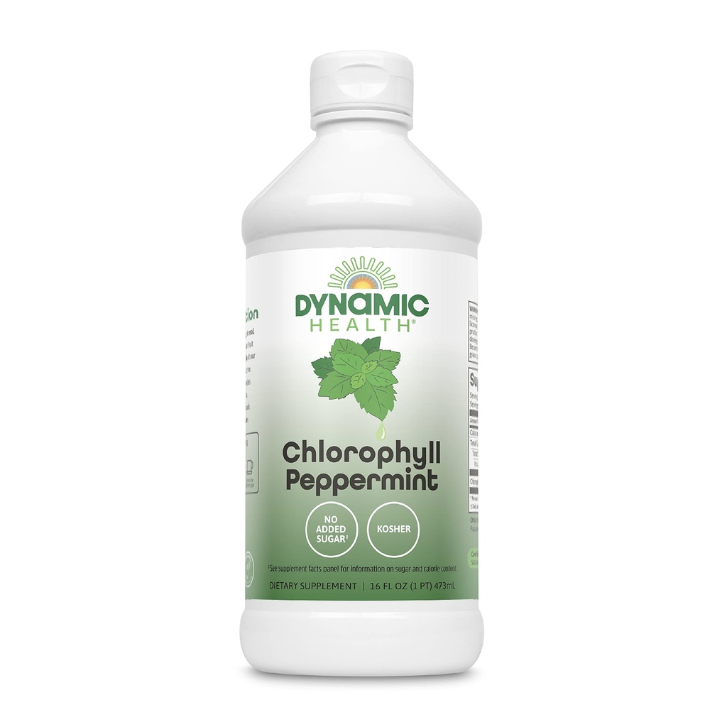 Dynamic Health Liquid Chlorophyll Peppermint 100 mg, Sodium Copper Chlorophyllins med Alfalfa och Mulberry Leaves, Plant Cleanse och Deodorizing, No Added Sugar, 16 Fl Oz