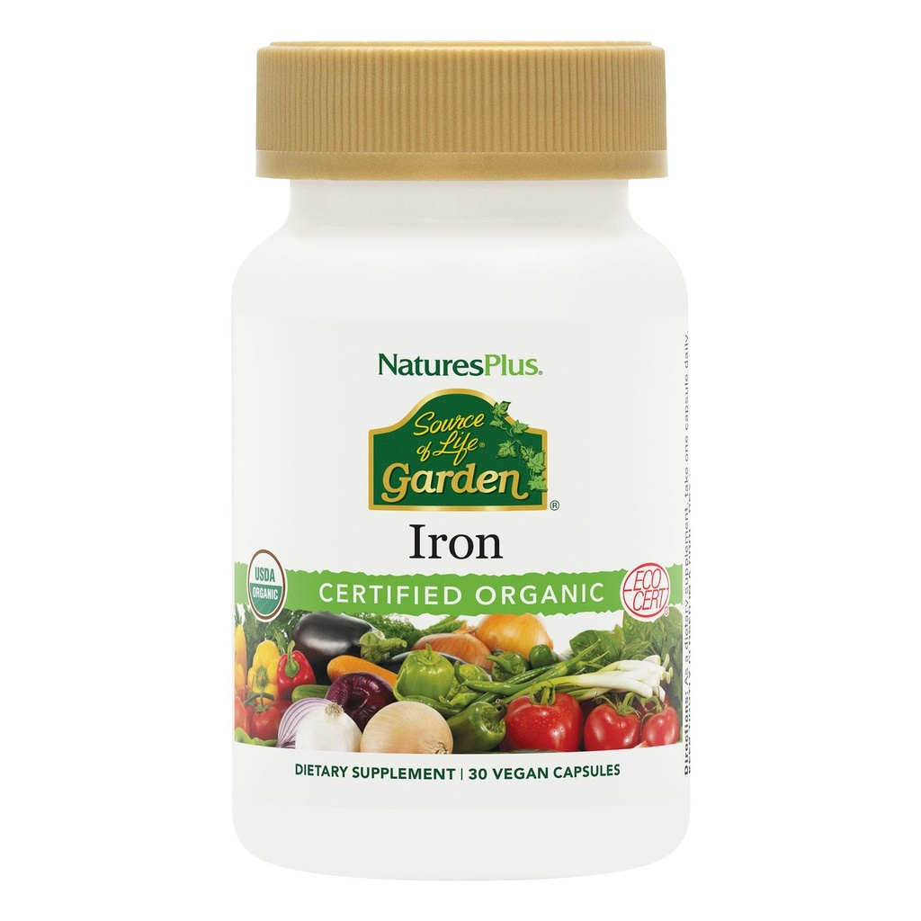 NaturesPlus Source of Life Garden Certified Organic Family Iron 18 mg Cap - 30 Vegan Capsules - Plant-Based Iron Supplement - Stöder hälsosamt blod - Vegetariskt, Gluten-Free - 30 portioner