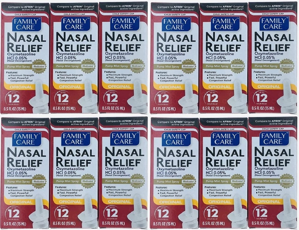 (12 pack) Nasal Relief Spray, 12 timmars Pump Mist (Oxymetazoline HCL) 0,5 fl oz