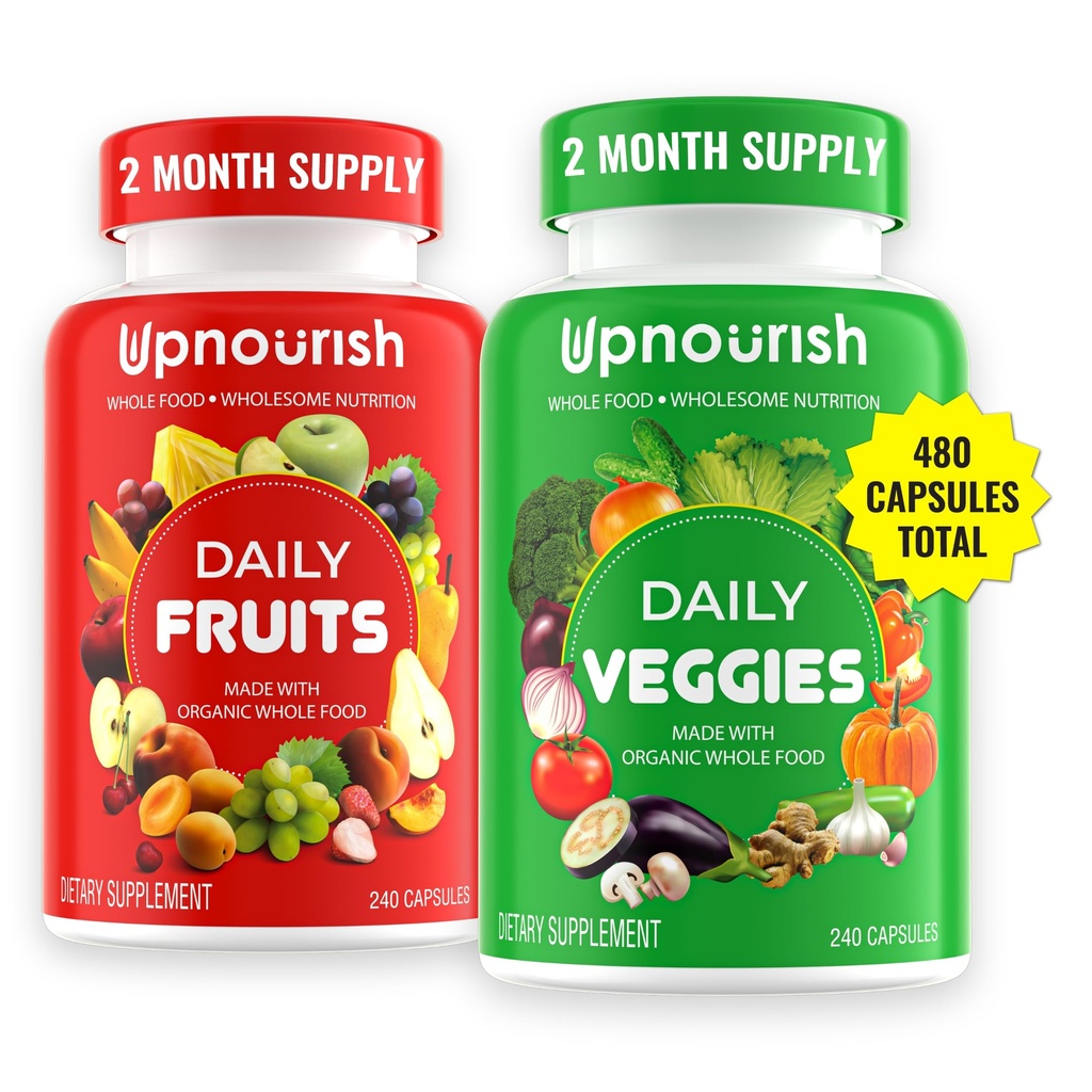 UpNourish Organic Fruits and Veggies Supplement - Support Diet Balance, Body Cleanse & Energy - 480 Frukt och Super Greens kapslar från naturen - frukt och grönsaker för vuxna och barn