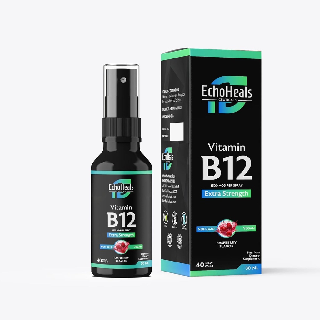 Vitamin B12 Liquid Spray | Vitamin B12 för energistöd | Vegan | Non-GMO | Gluten Free | 40 Sprayer | 1500 mcg per Spray | Raspberry Flavor | 1 fl Oz