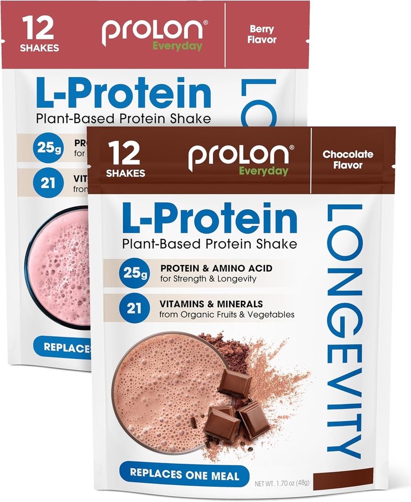 Prolon Longevity Plant Based Protein Powder | Muscle Synthesis & Repair, Healthy Aging, Boost Performance | Vitaminer, Gluten Free, Amino Acids | 25g Protein | Chocolate och Berry, 24 Packets