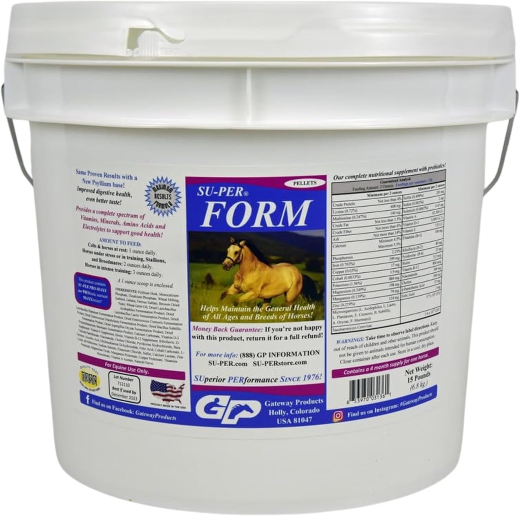 SU-PER Form Horse Vitaminer och mineral Pellets - Nutritional Supplement med probiotika - Vitaminer, mineraler, aminosyror och elektrolyter - Hjälper till att upprätthålla allmän hälsa - 15 pund, 4 månaders leverans