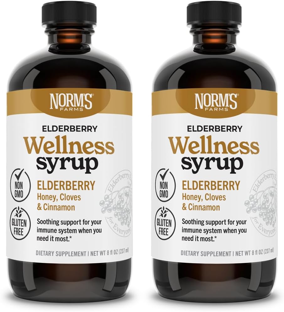 Norms Farms Wellness Black Elderberry Syrup med Honey, Cinnamon & Cloves - Made in USA, Natural Immune Support, No Alcohol or Fillers, Gluten-Free, Non-GMO, Vegan, Pure Elderberry Syrup - 2PK 8 Oz