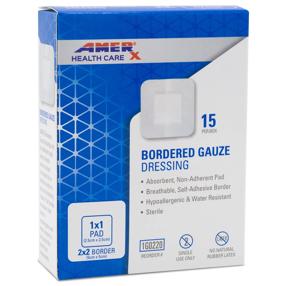 2 "x 2" Dressing (1x1 Pad) AMERX Bordered Gauze - Adhesive Bandages - Water Resistant Barrier - Självhäftande gräns - Andningsbar, Hypoallergenic - 15 Pads Per Box