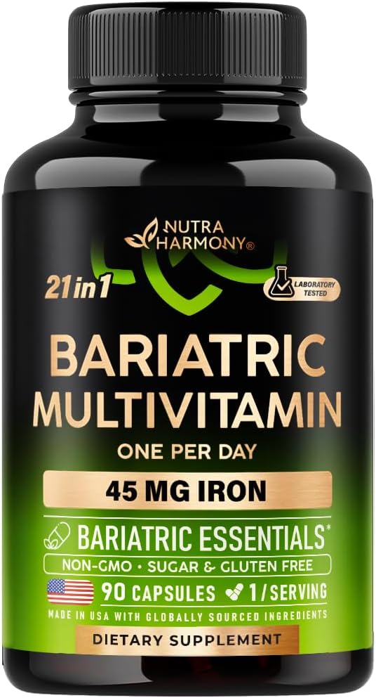 NUTRAHARMONY Bariatric Multivitamin - 45 mg Järntillskott - Tillverkad i USA - för kvinnor och män - All-in-One, 21 Vitaminer - Gastric Sleeve Support - Lätt Tropisk smak - 90 kapslar