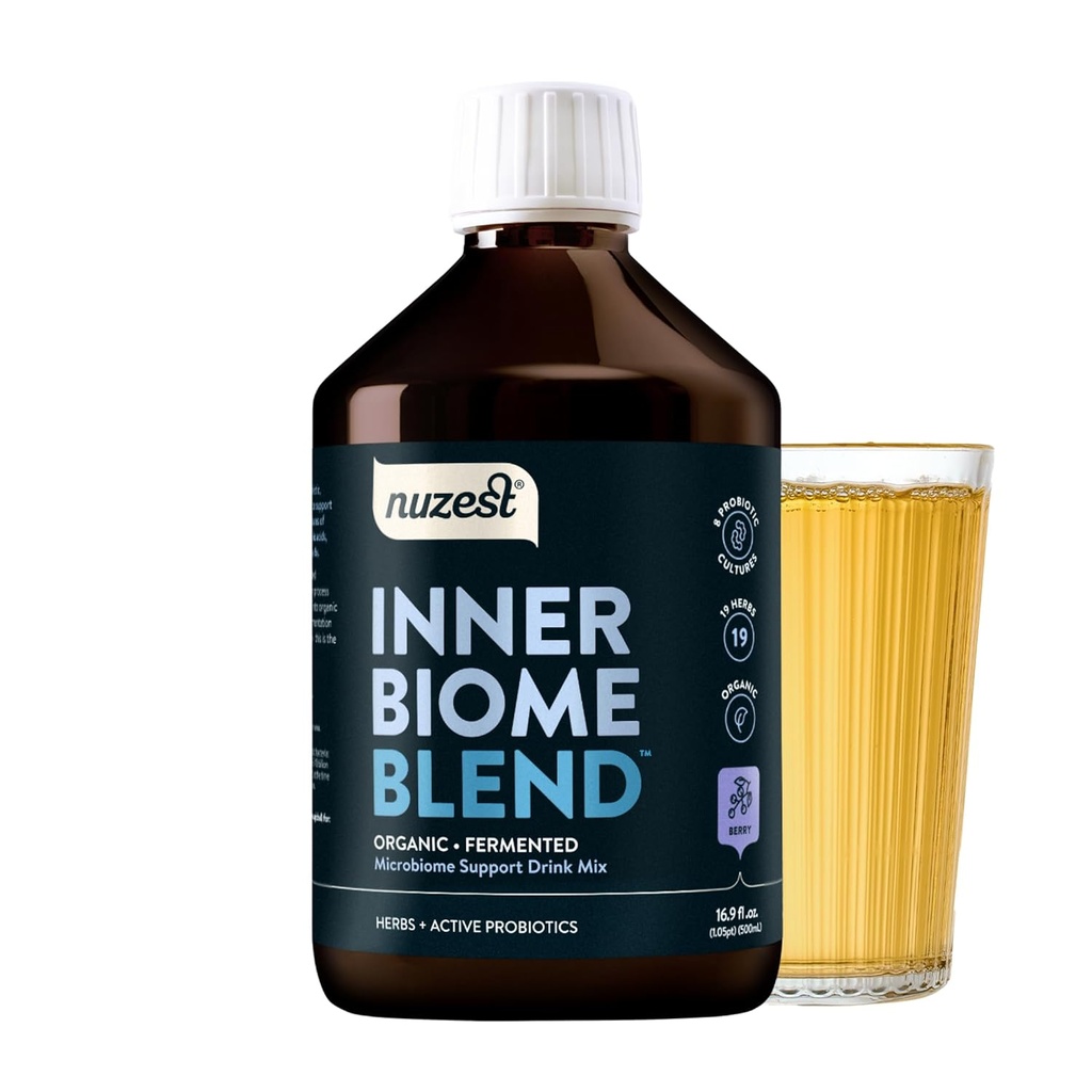 Nuzest - Inre Biome Blend - Prebiotic, Probiotic & Postbiotic Liquid Drink Mix - Microbiome Support - 8 Microbiotic Cultures, 19 Fermented Herbs - Vegan - Organic - Berry Flavour - 16,9 fl.oz / 500ml