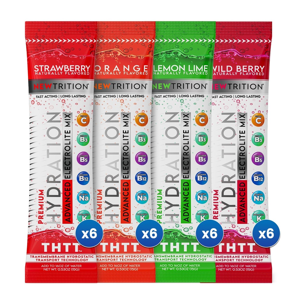 Hydrationspulver, 4 smaker, paket med 24 elektrolytpulverpaket, naturligt smaksatta hydratpaket för vatten, snabbverkande hydratelektrolyter med vitamin B & C, energi och återhämtning