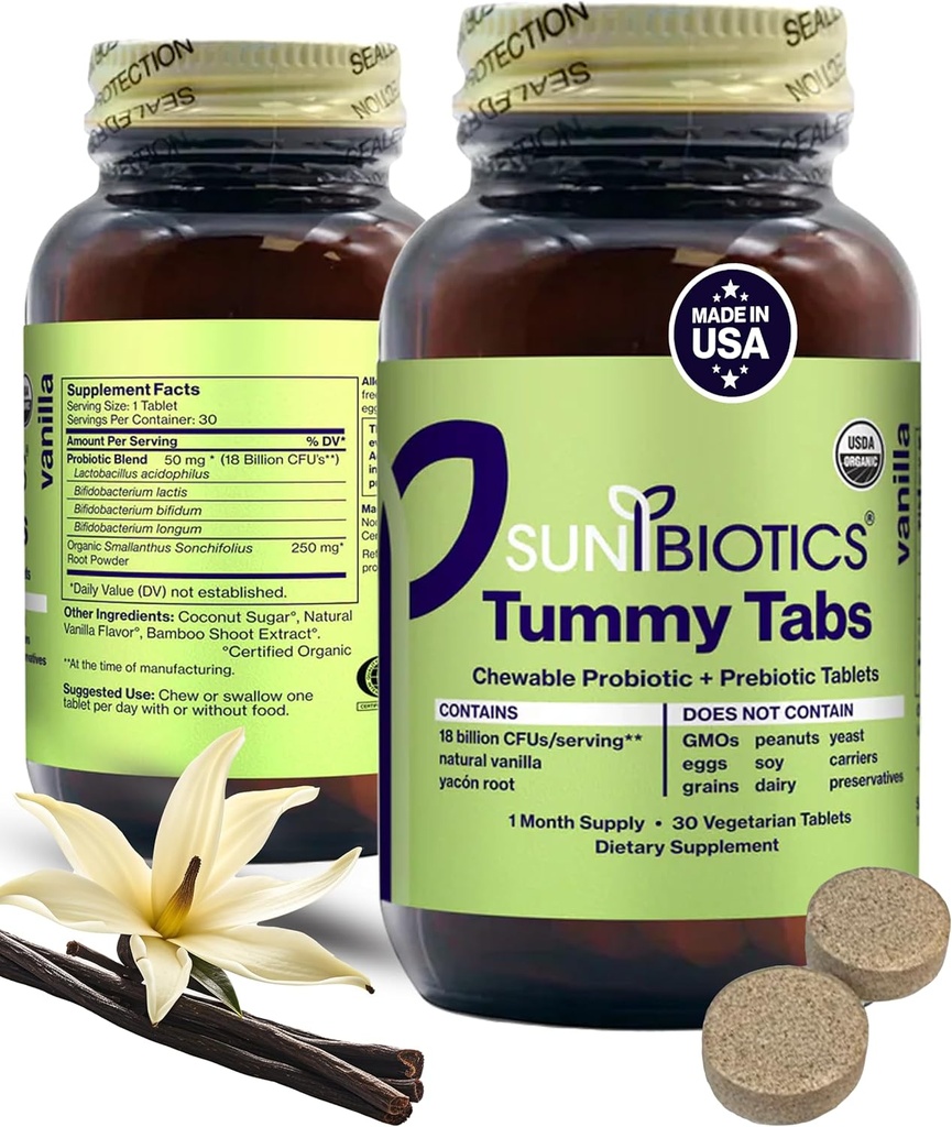 SUNBIOTICS Tummy Tabs - Chewable Probiotic och Prebiotic Tablets med 18 miljarder CFUs av 4 Probiotiska stammar för Good Gut Flora, Immune System, & Balanced Microbiome - Vanilla, (Pack av 1)