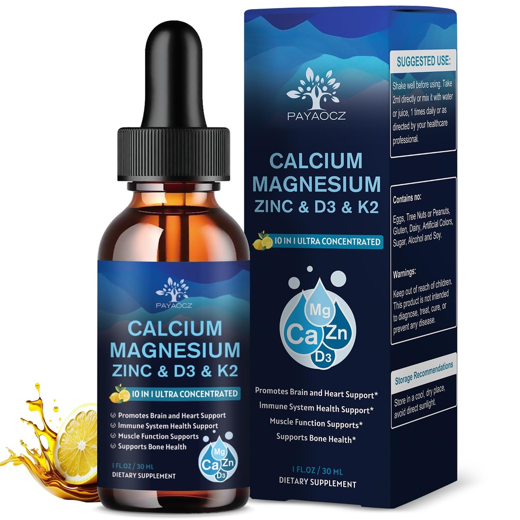 (1 Pack) Magnesium Calcium Zink Supplement med vitamin D3 K2 för kvinnor, Magnesium Glycinate Vegan Liquid Drops för Adult Plus L-Theanine Boron Sea Moss Extract, Bone, Sleep & Leg Cramps, 1 Fl Oz