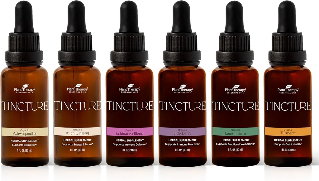 Plantterapi Organiska tinkturer Nybörjare Set 30 ml Var och en av Organic Ashwagandha, Asian Ginseng, Echinacea Blend, Elderberry, Lemon Balm & Turmeric
