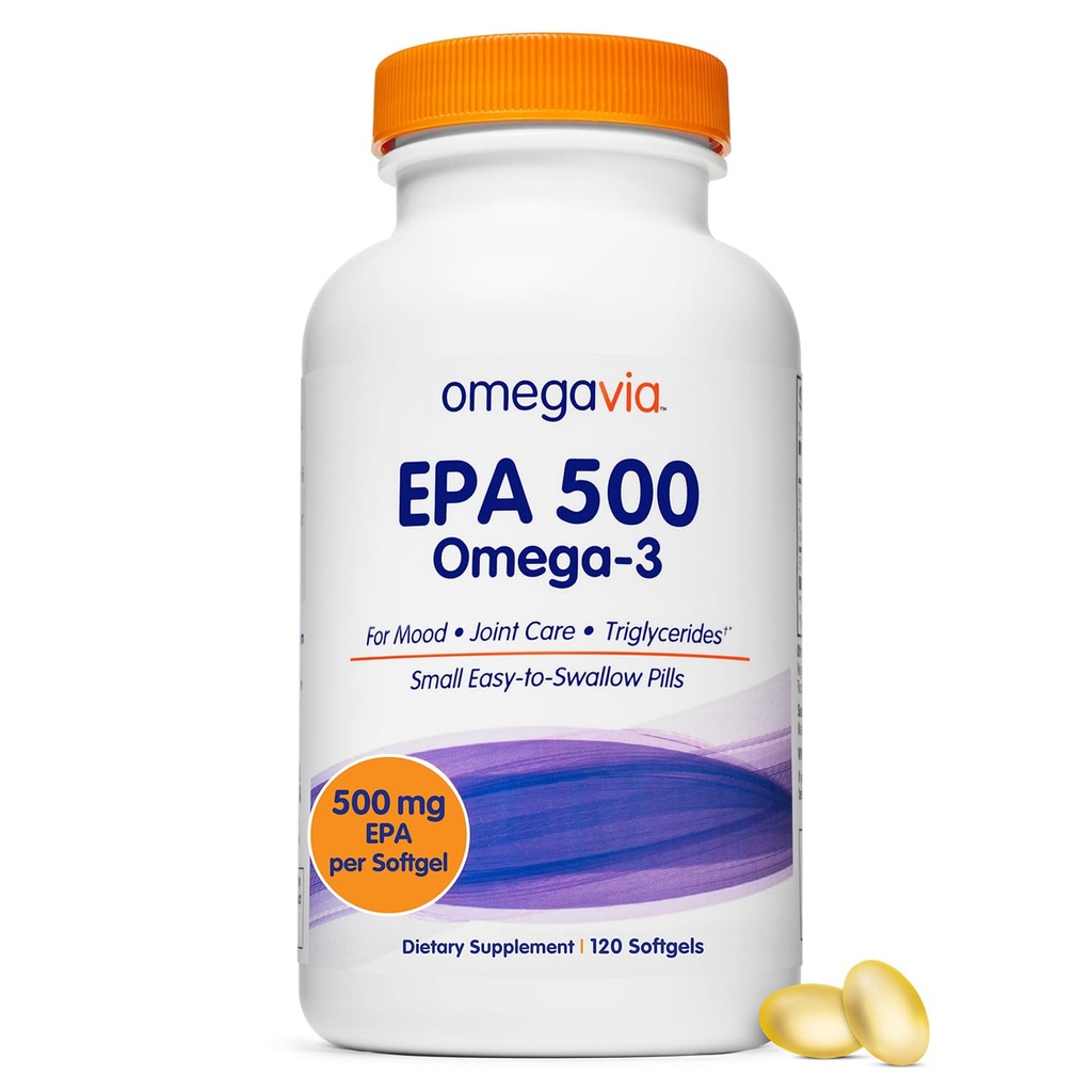 OmegaVia EPA 500, Purified Omega-3 Fish Oil Supplement, 500 mg EPA i Triglyceride Form, Burpless Fish Oil, Non-GMO, Gluten-Free, IFOS 5-Star, 120 Softgels