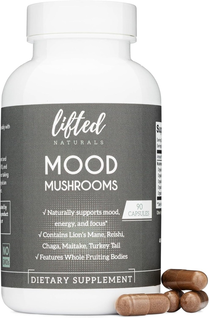Mood Mushrooms - Lifted Mushroom Supplement - Lion's Mane, Reishi, Chaga, Turkiet Tail, Maitake - Energi, fokus, stressavlastning