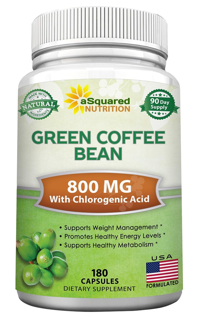 aSquared Nutrition Natural Green Coffee Bean Formula-180 Capsules-Max Strength GCA Antioxidant Cleanse för ren viktminskning, 800 mg per Pill-Chlorogenic Acid-1600mg Daily Supplement, Healthy Fat Burner