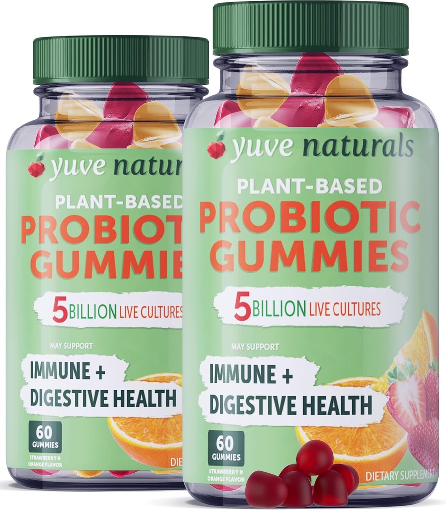 Yuve Vegan Probiotic Gummies, Probiotics for Women & Men, Sugar & Gluten-Free Gummy Probiotics, Digestive & Immune Support, 5 Billion CFU, Hjälper med förstoppning, Bloating & Leaky Gut - 60ct (2 Pack)