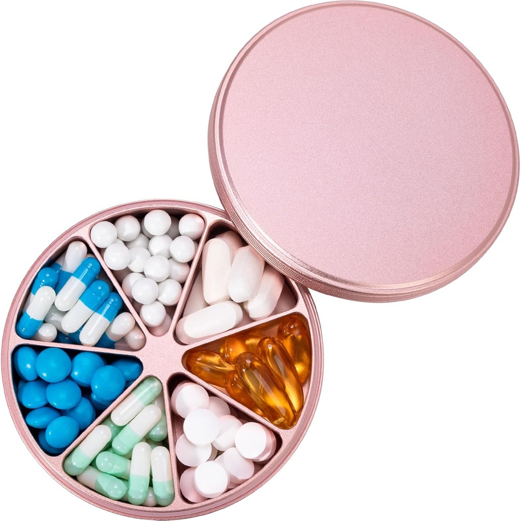 Metal Pill Organizer 7 Compartments Pill Dispenser - Heavy Duty Pill Box Waterproof Pill Container Large Daily Pill Case Medicine Holder för Medicinering Vitamins Fish Oils Supplements, 0,39lb (Pink)