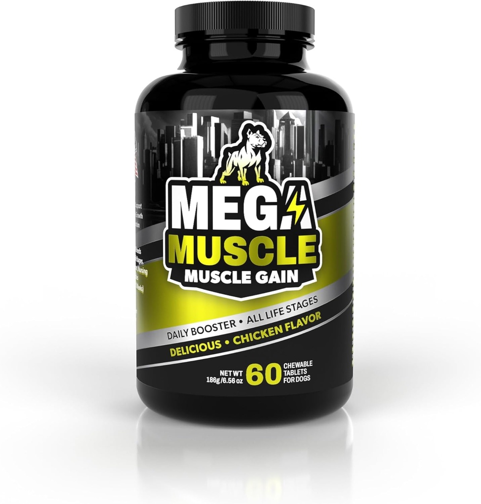Mega Muscle - Muscle Gain | Daily Booster Chewable Tablets Multivitamin for Dogs in All Life Stages | High Protein, Weight Gain Puppy & Adult Dog Supplement | Chicken Flavor | 60 Tablets