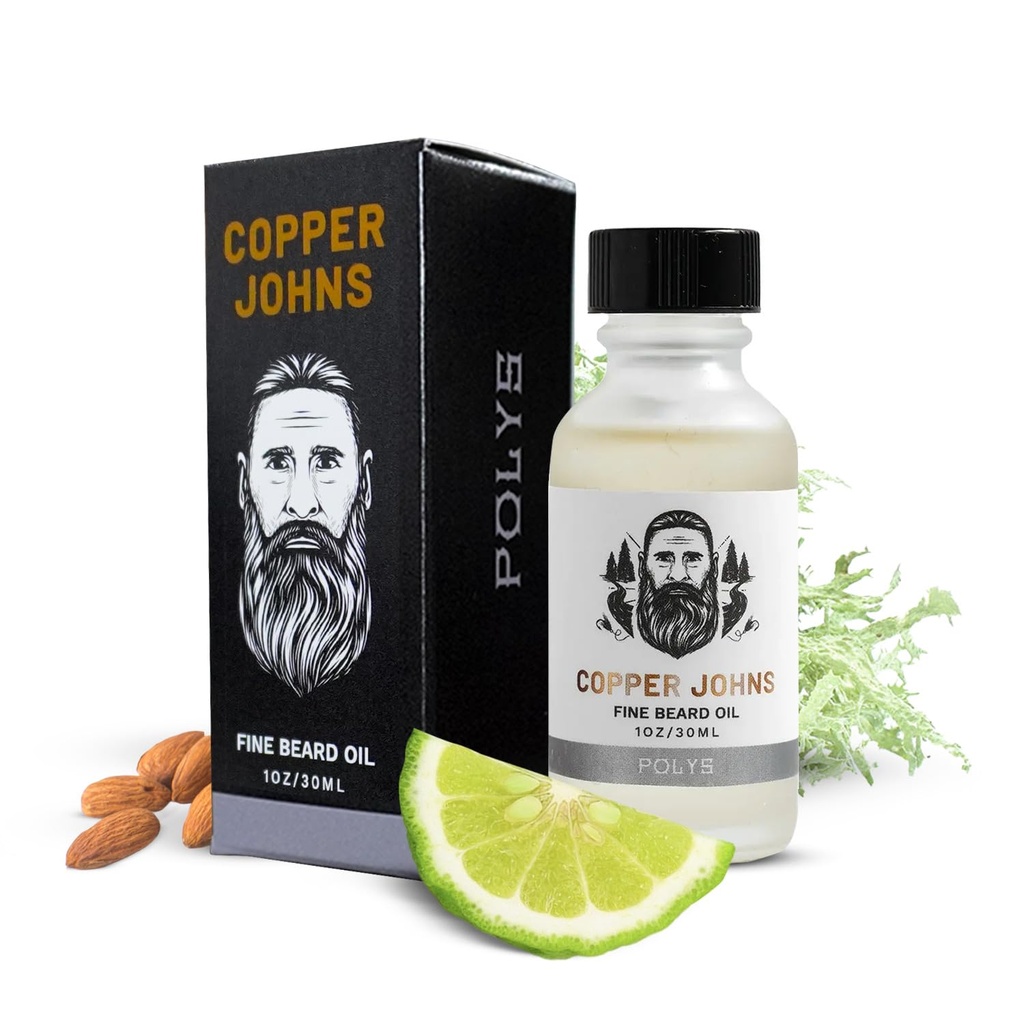Koppar Johns Premium Beard Oil för Män - Naturformel med Jojoba & Castor Oil - Lätt Non-Greasy Beard Moisturizer - Softens, Hydrates & Tames Frizz - Polys-Bergamot & Cherry Almond 1 uns