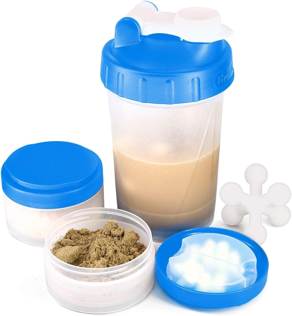16oz Protein Shaker Bottle med Shaker Ball och 2 Storage Jars | BPA-Free Plastic Cup med Clear Measurement Scale | Perfekt för proteinblandningar och piller | Portable Pre-Workout Drink Cup (Blue)