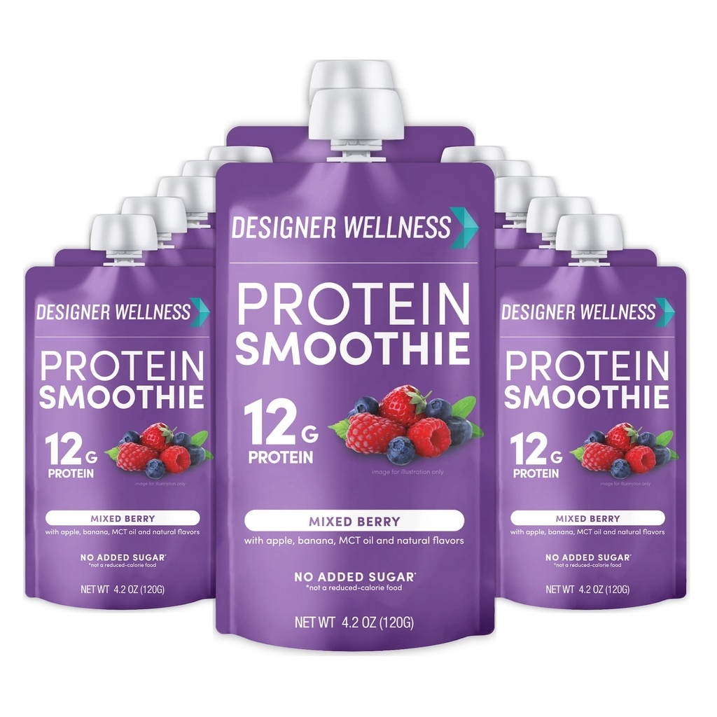 Designer Wellness Protein Smoothie, Real Fruit, 12g Protein, Low Carb, Zero Added Sugar, Gluten-Free, Non-GMO, No Artificial Colors eller Flavors, Mixed Berry, 12 Count