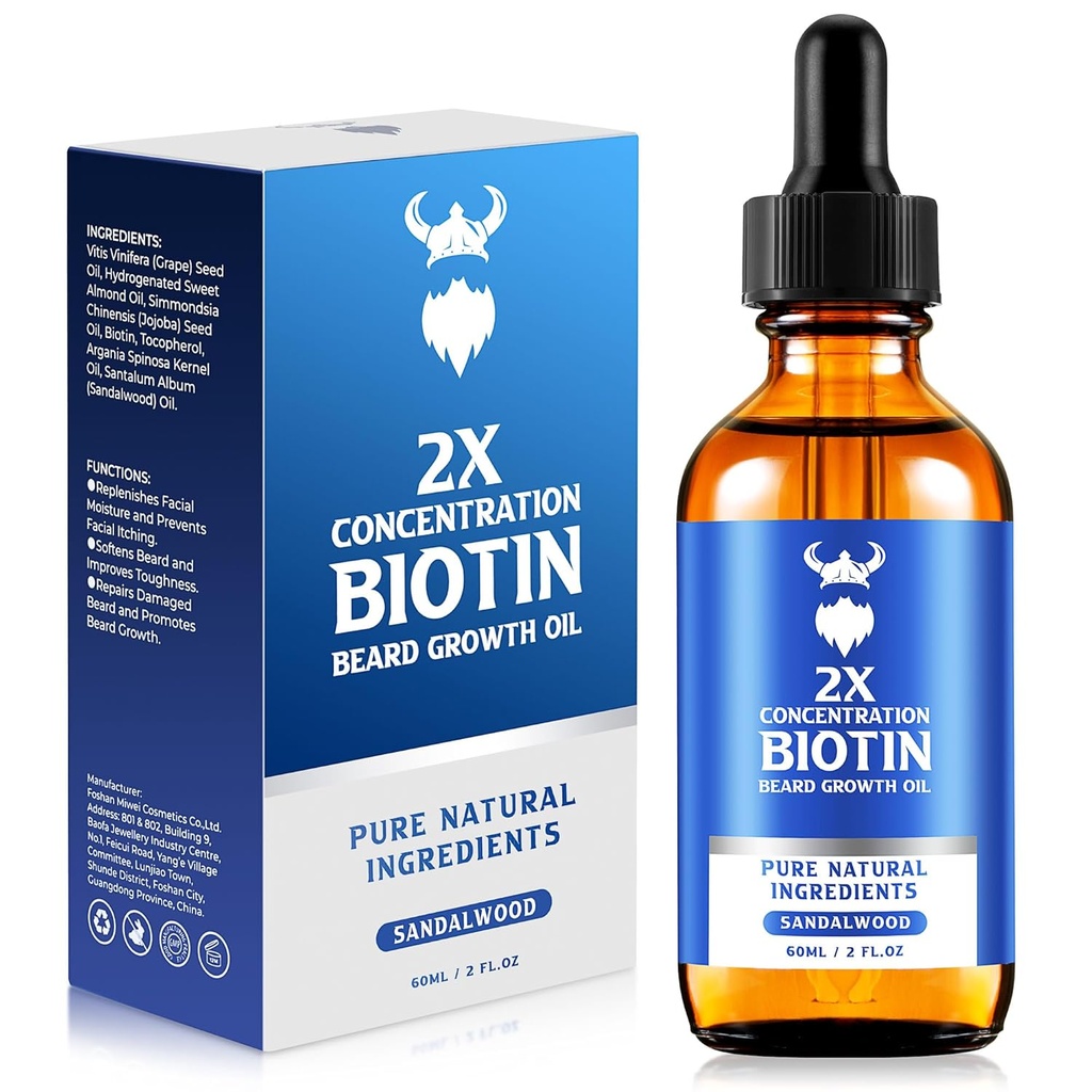 Beard Growth Oil - 2X Concentration Biotin Beard Oil for Men (2 oz) - Natural Mens Beard Oil with Argan Oil, Jojoba Oil and Vitamin, Beard Growth Softener, Moisturizer (Sandalwood)