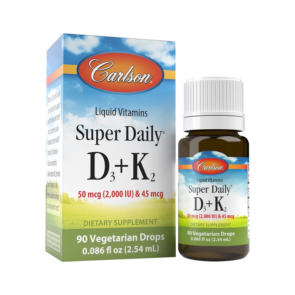 Carlson - Super Daily D3 + K2, 50 mcg D3 + 45 mcg MK-7, Heart & Bone Health, 90 flytande droppar, 2,54 ml