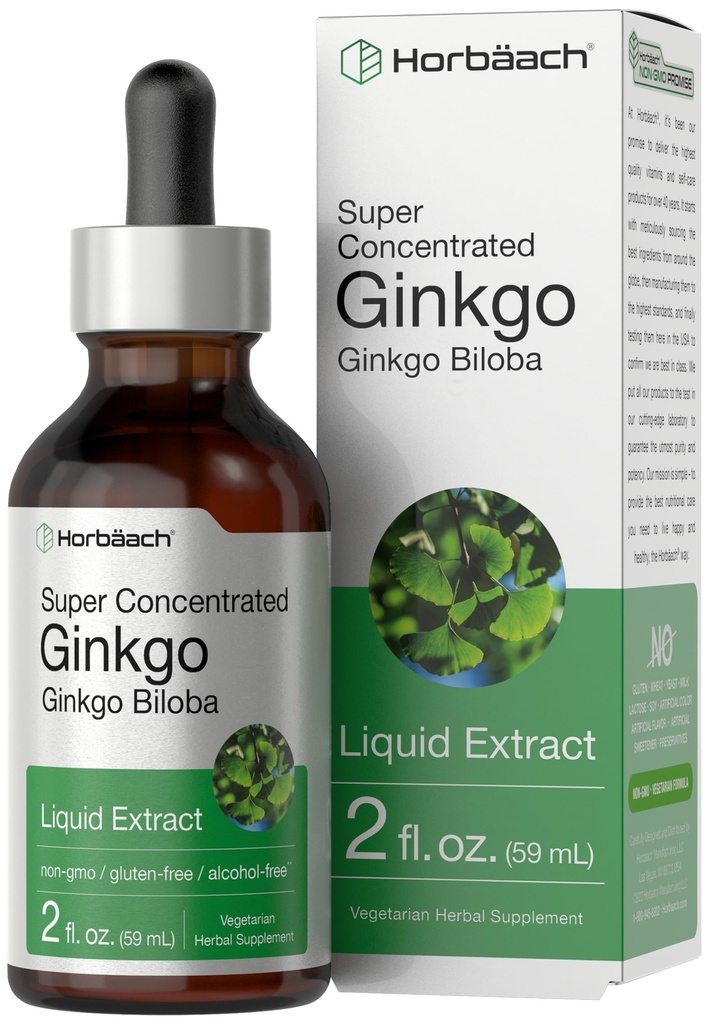 Horbäach Ginkgo Biloba Extract Liquid 2 fl oz | Alkoholfri Herb Supplement | Vegetarian, icke-GMO, Gluten Free