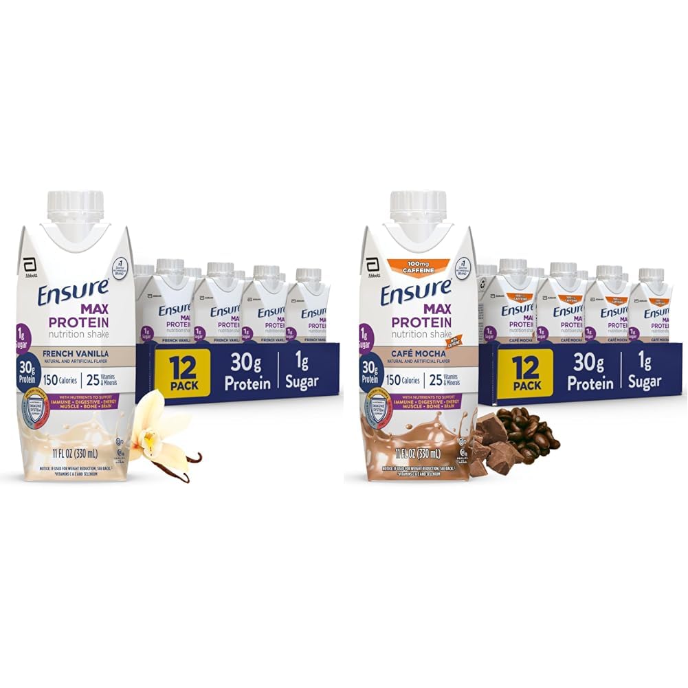 Säkerställ Max Protein Nutrition Shake med 30g Protein, 1g Sugar, High Protein Shake, French Vanilla & Cafe Mocha, Liquid, 11 fl oz (Pack of 12) Bundle