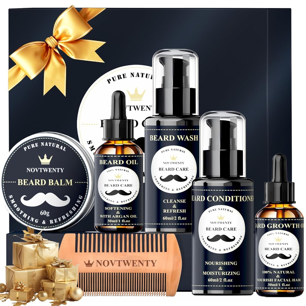 Beard Growth Kit - 7 Pc Kit, Inkluderar tvätt, olja, Conditioner, Balm, Comb, Gift Box Set för Män