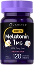 Carlyle Kids Melatonin 1mg | 120 tuggbara tabletter | Frukt smak | Vegetariskt tillskott | Non-GMO, Gluten Free Formel