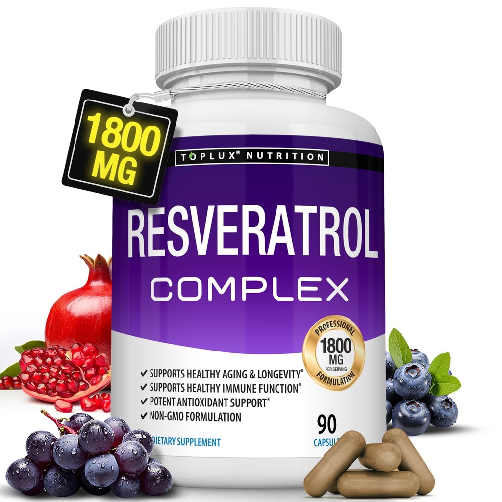 Resveratrol Supplement 1800 mg Antioxidantkomplex - Högt potenta naturliga trans-resveratrol piller för hälsosam åldrande, övergripande hälsostöd, immunsystem, hjärnfunktion, för män kvinnor, 90 kapslar