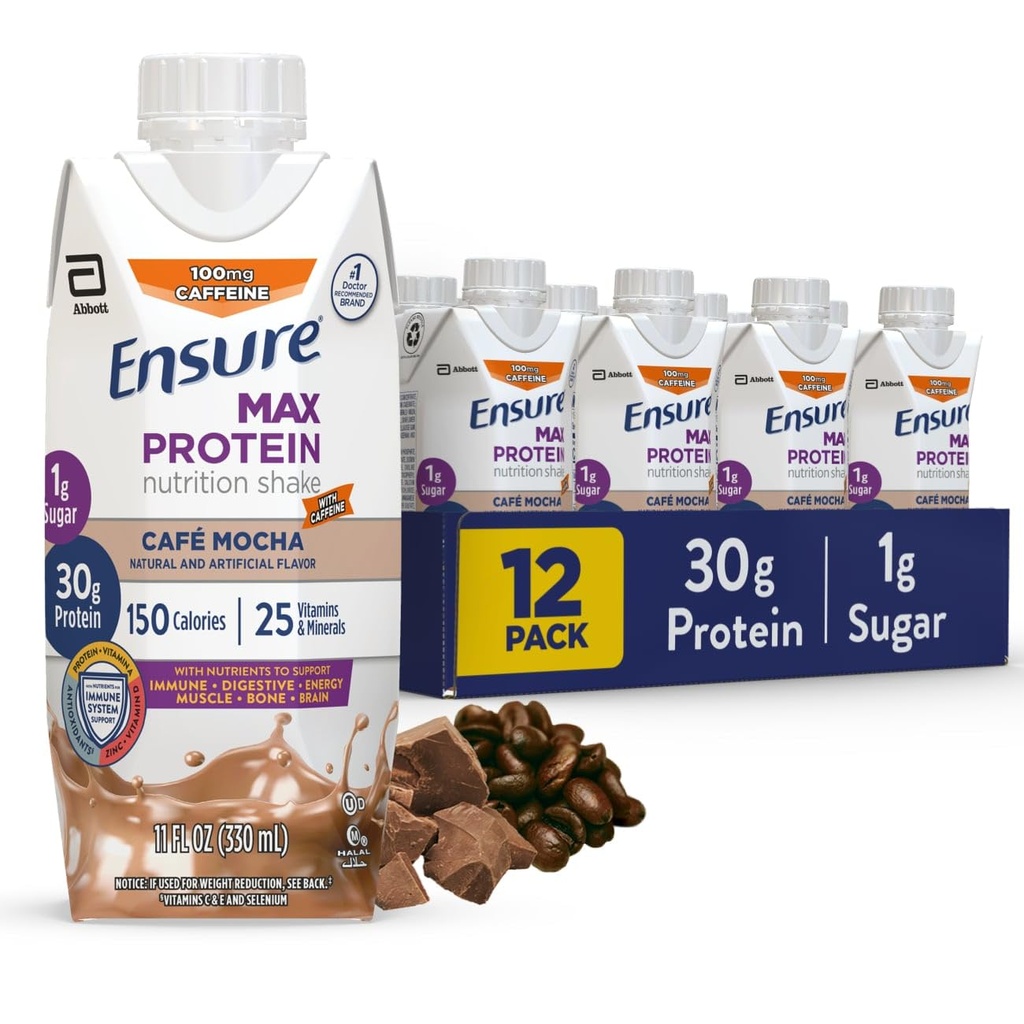 Säkerställ Max Protein Cafe Mocha Nutrition Shake | 30g Protein, 1g Sugar, 4g Fiber Blend | 12 Pack