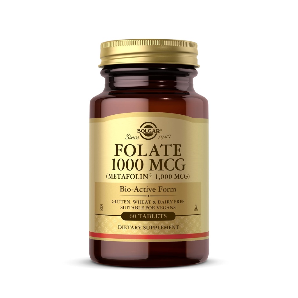 Solgar Folate 1000 mcg, 60 tabletter - 1000 mcg Bio-Active Metafolin - Vegan, Gluten Free, Dairy Free, Kosher - 60 portioner