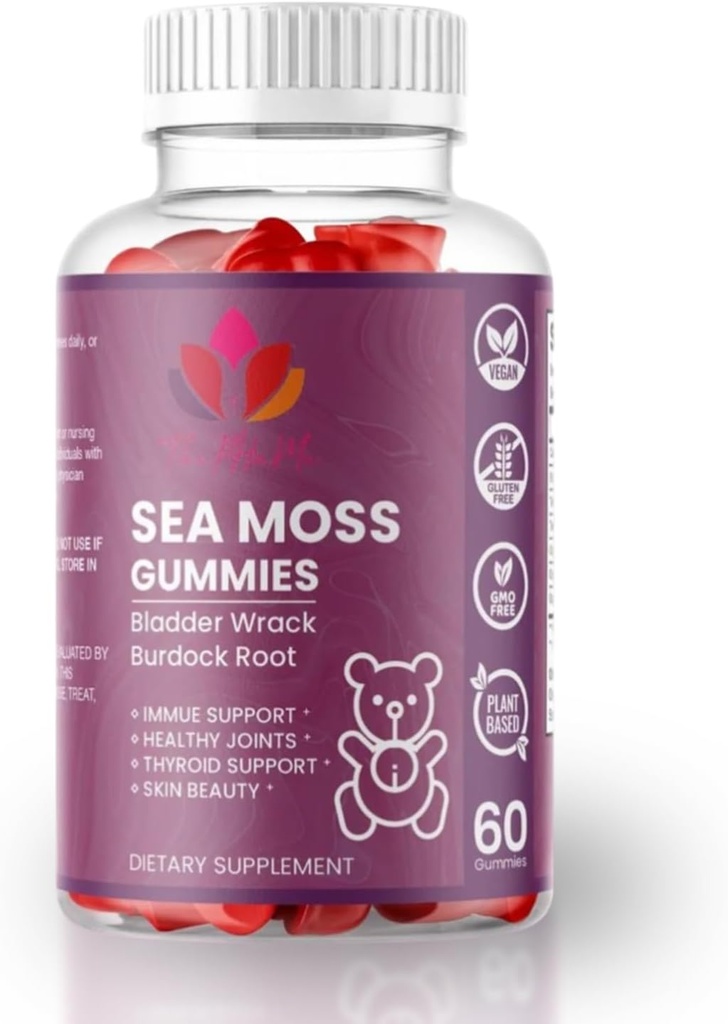 Organic Sea Moss Gummies med Bladderwrack & Burdock Root - Vegan Supplement för allmän Wellness - 60 Count