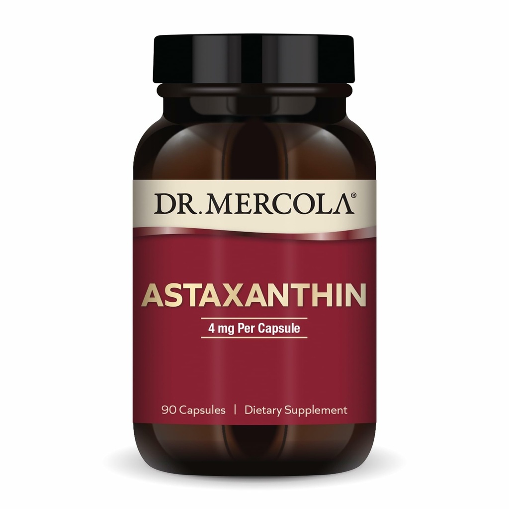 Dr Mercola Organic Astaxanthin - 4 mg Astaxanthin - Kraftfull Antioxidant Support - Organisk Microalgae Extract - Non-GMO, Gluten-Free & Soy-Free - 90 kapslar (90 portioner)