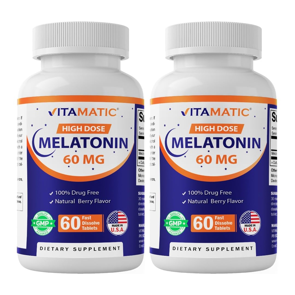 Vitamatic Melatonin 60 mg Snabbupplösta tabletter - 60 Vegan Natural Berry Flavor Tablets - Icke-Habit Forming - Icke-GMO, Gluten Free (2 flaskor)