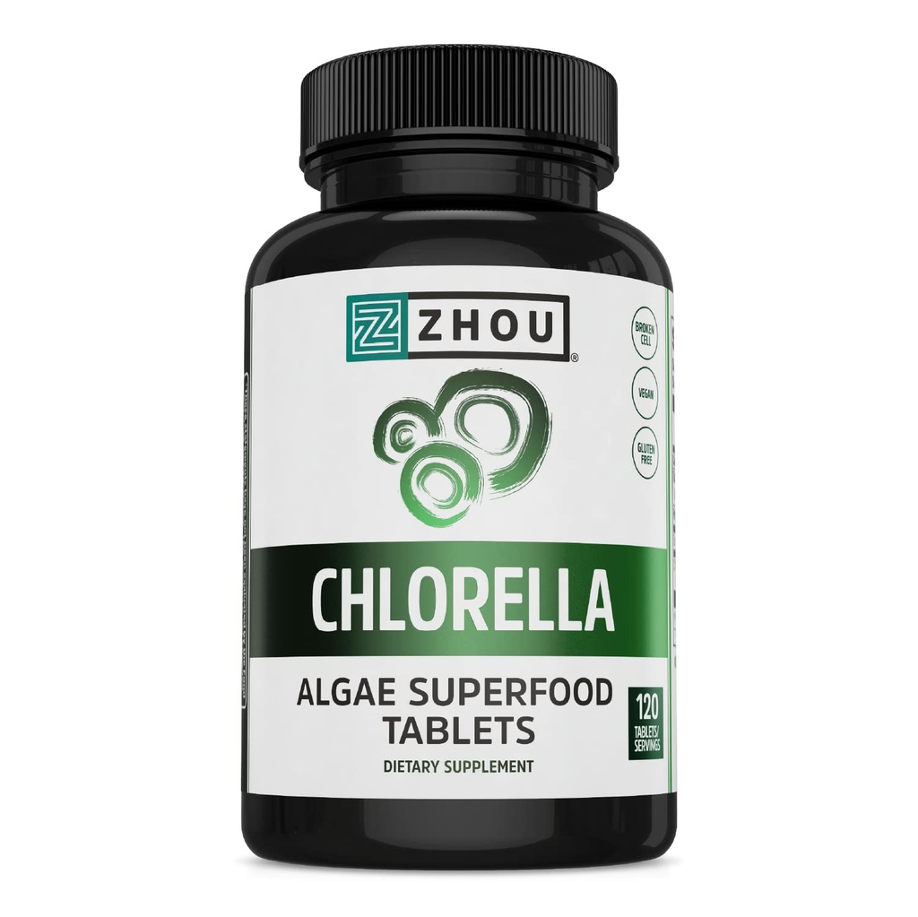 Zhou Chlorella tabletter - Chlorella Supplement, Chlorophyll Vitamins, Pure Green Algae Superfood, Nutrient Rich Super Food Pills, Broken Cell Wall - 120 Vegan tabletter