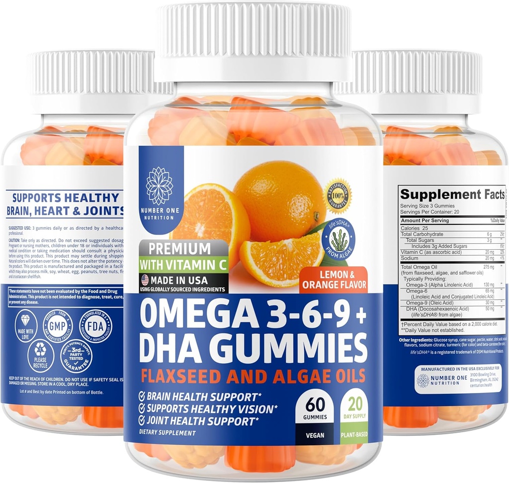 N1N Premium Omega 3 6 9 + DHA Gummies [Vegan, växtbaserad] naturlig hjärna, immunitet och gemensamt hälsostöd med vitamin C, 60 Gummies