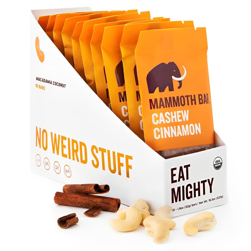 Cashew Cinnamon Bar- Organic, Paleo, Gluten Free och Raw av Mammoth Bar, 10-12g Protein, 1,8 Oz Bar (10 Barer) ...