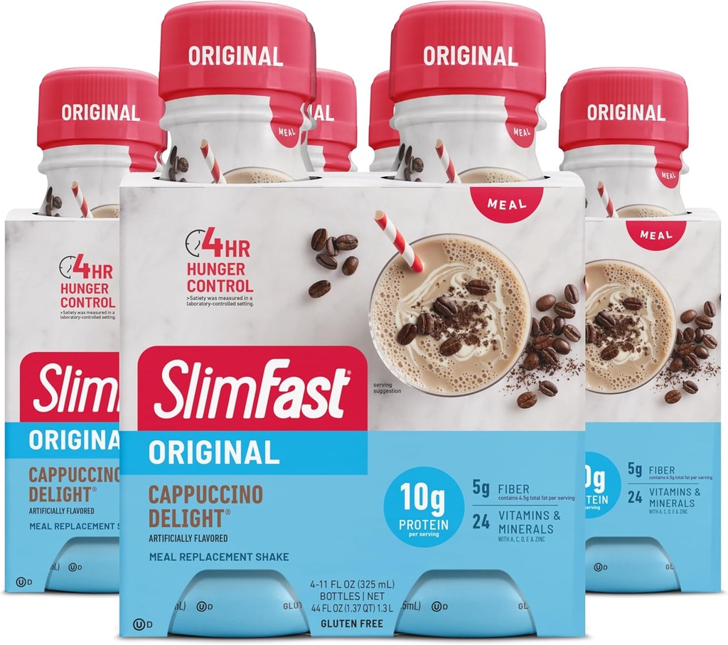 SlimFast Meal Replacement Shake, Original Cappuccino Delight, 10g Ready to Drink Protein for Weight Loss, 11 Fl. Oz Bottle, 4 Count (Pack of 3) (Packaging May Vary)