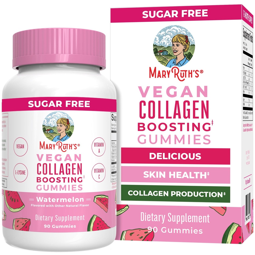 MaryRuth Organics Vegan Collagen for Women & Men, Collagen Boosting Gummies, Skin Care, Lysine, Vitamin C, vitamin A, Amla, Supplement for Hair & Skin, Vegan, Non-GMO, Gluten Free, 90 Servings