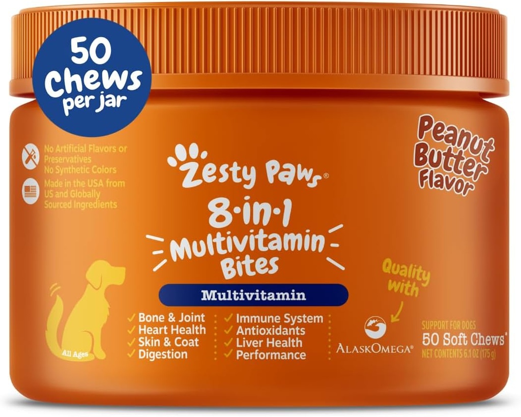 Zesty Paws Dog Multivitamin, Chewable Dog Vitamins and Supplements for Hip & Joints, Skin & Coat, Omega 3 Fish Oil for Dogs- Senior & Puppy Multivitamin- Peanut Butter-50ct