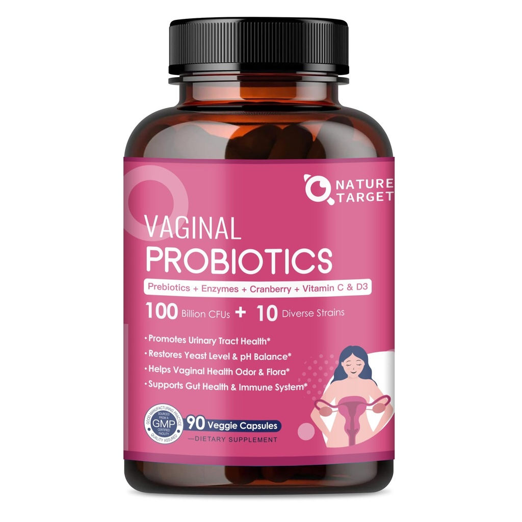 NATURE TARGET Vaginal Womens Probiotics, 100 miljarder CFUs Probiotics & Prebiotika med Digestive Enzymes, Cranberry & D-Mannose - Stöder pH Balance, Odor & Urinary Tract Health - 90 kapslar